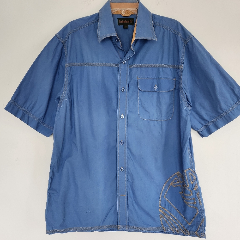 Y2K Timberland Button Up Shirt Short Sleeve Baggy Embroidered Logo Blue Orange L